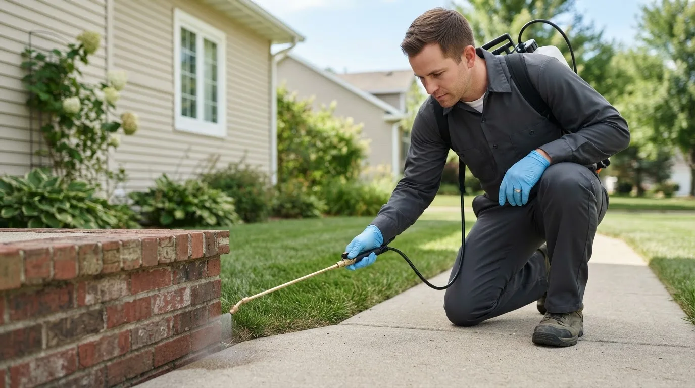 Pest control technician treating a home near Derby, KS
